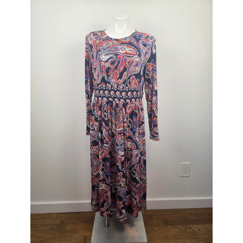 Boden Thea Navy Paisley Long Sleeve Midi Dress Pockets D1059 Women's Size 10